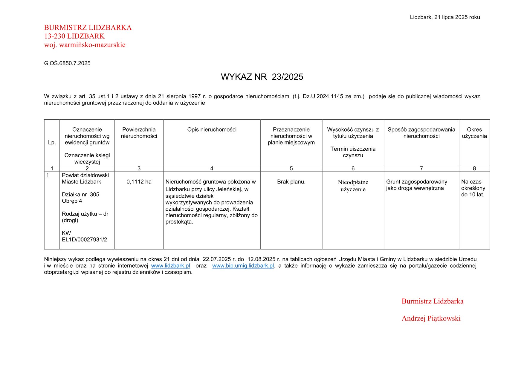 Wykaz Nr 23/2025 - Nieruchomość gruntowa do użyczenia - obr. 4 m. Lidzbark dz. nr 305